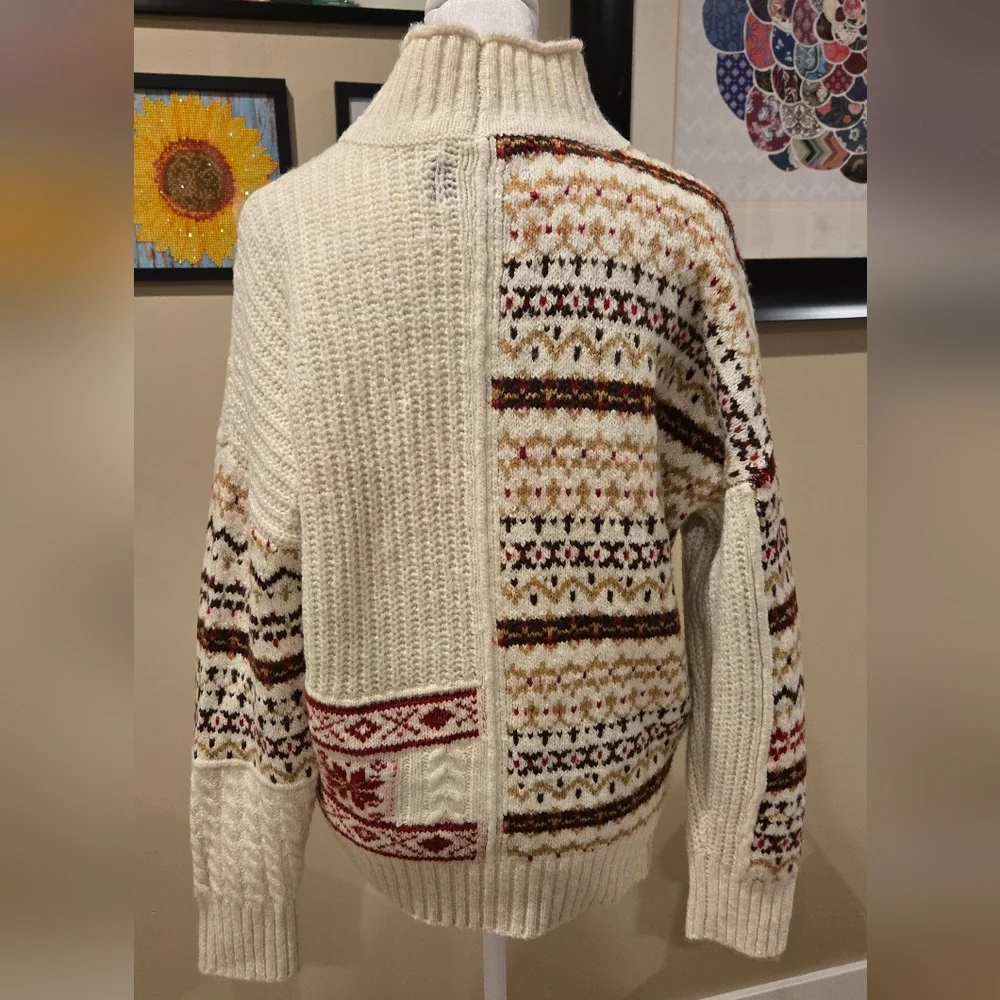 American Eagle Outfitters Cream Fair Isle Colorblock Turtleneck Sweater - Picture 3 of 9